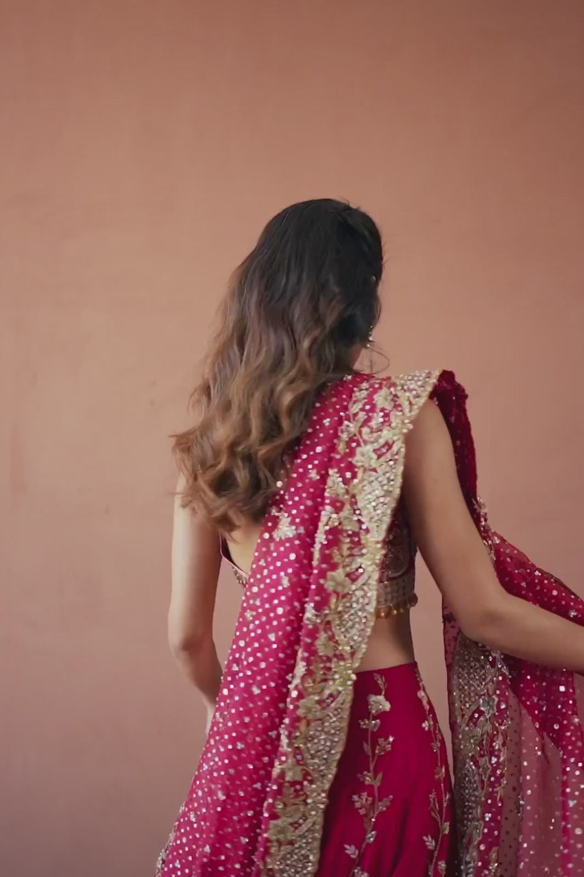 Pakistani Candy Red Zardozi Raw Silk Lehnga Choli (3-Piece) - Image 5