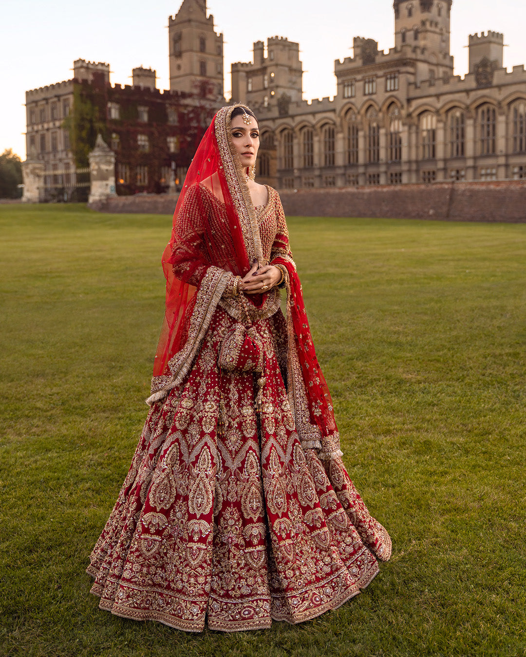 Pakistani Red Hand-Embellished Silk Bridal Lehenga (3-Piece) - Image 1