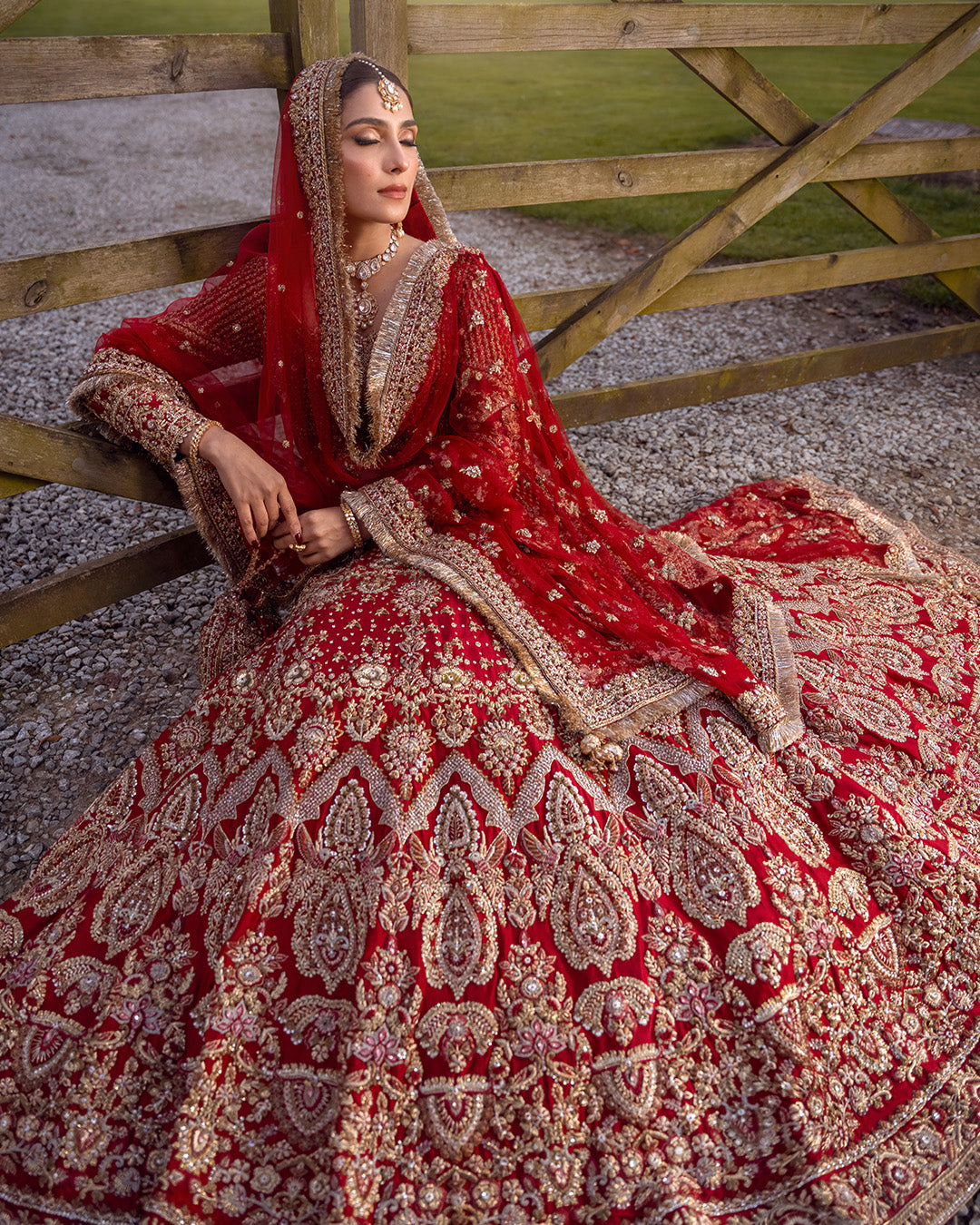 Pakistani Red Hand-Embellished Silk Bridal Lehenga (3-Piece) - Image 3