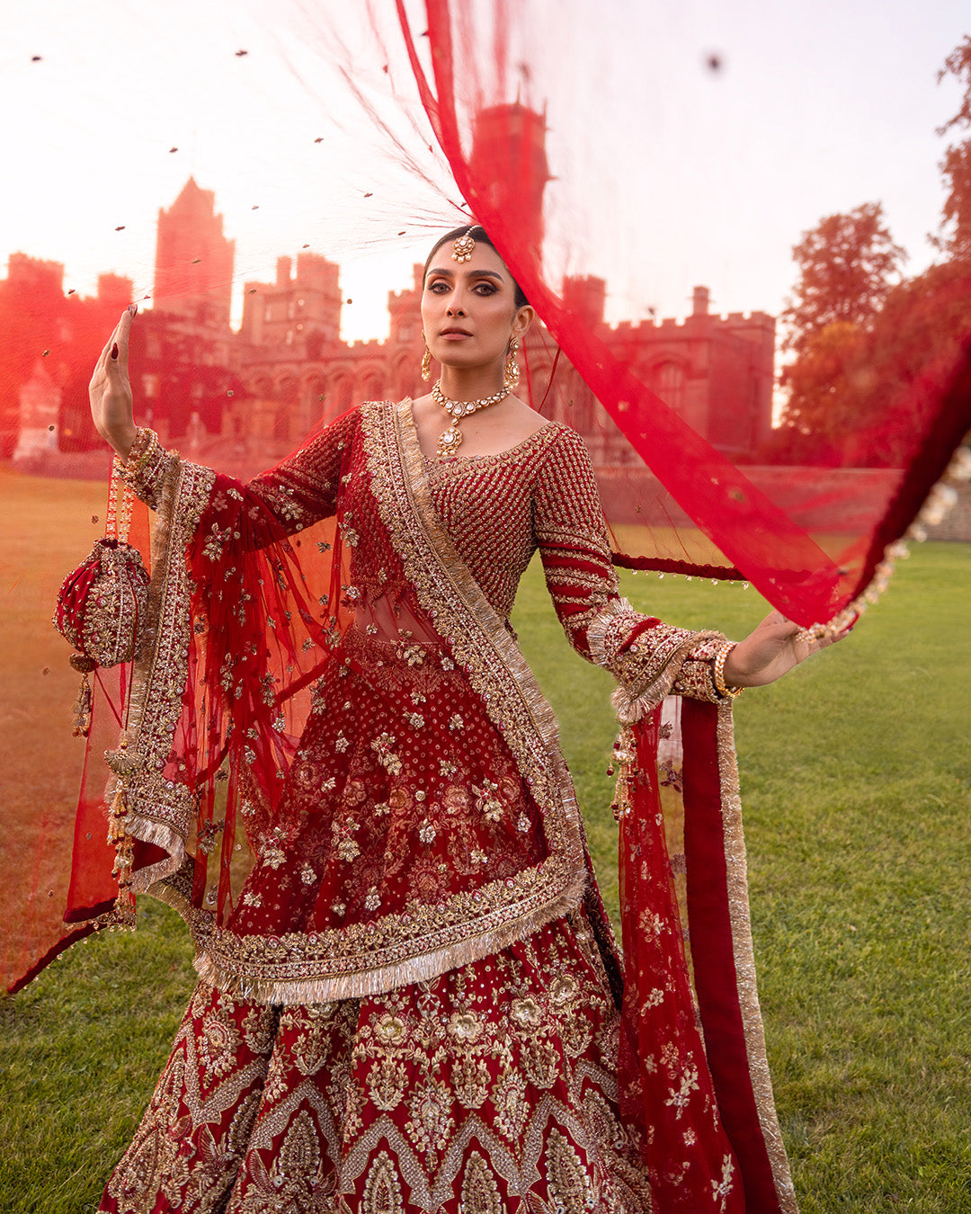 Pakistani Red Hand-Embellished Silk Bridal Lehenga (3-Piece) - Image 4