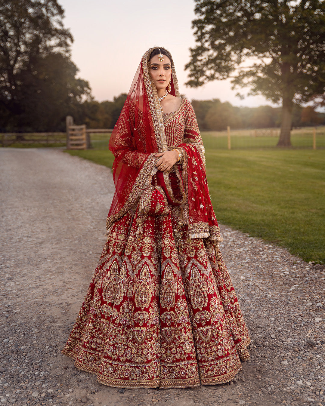Pakistani Red Hand-Embellished Silk Bridal Lehenga (3-Piece) - Image 5