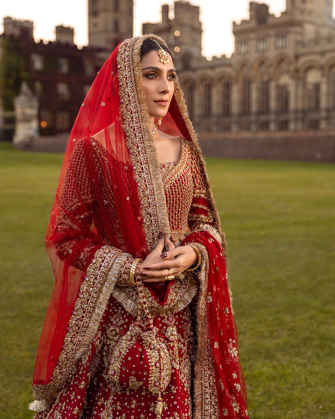 Pakistani Red Hand-Embellished Silk Bridal Lehenga (3-Piece) - Image 6