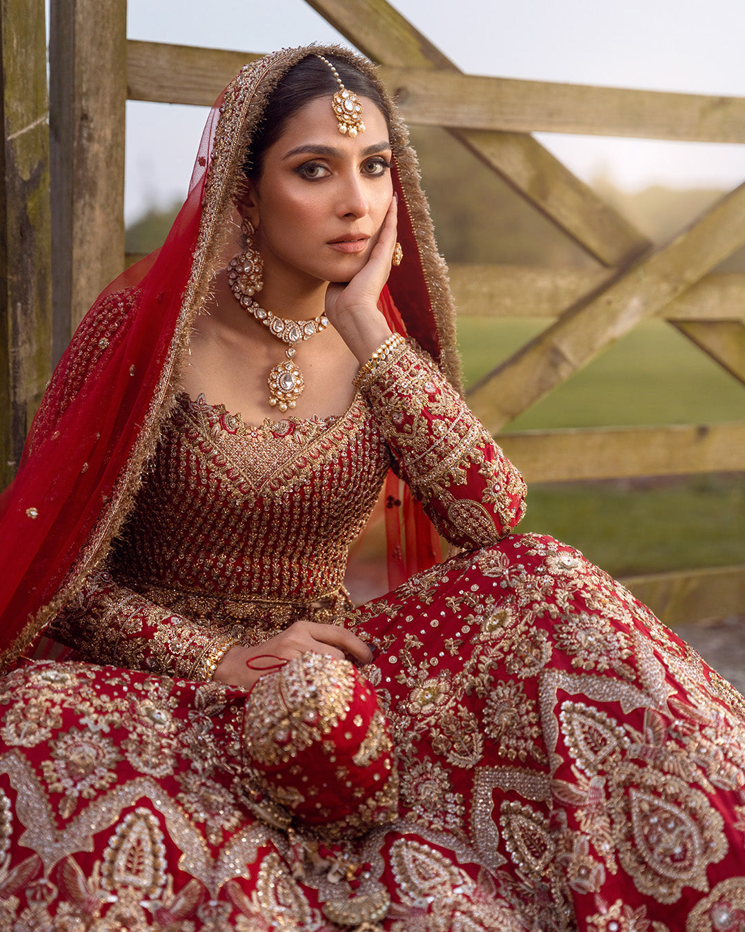 Pakistani Red Hand-Embellished Silk Bridal Lehenga (3-Piece) - Image 7