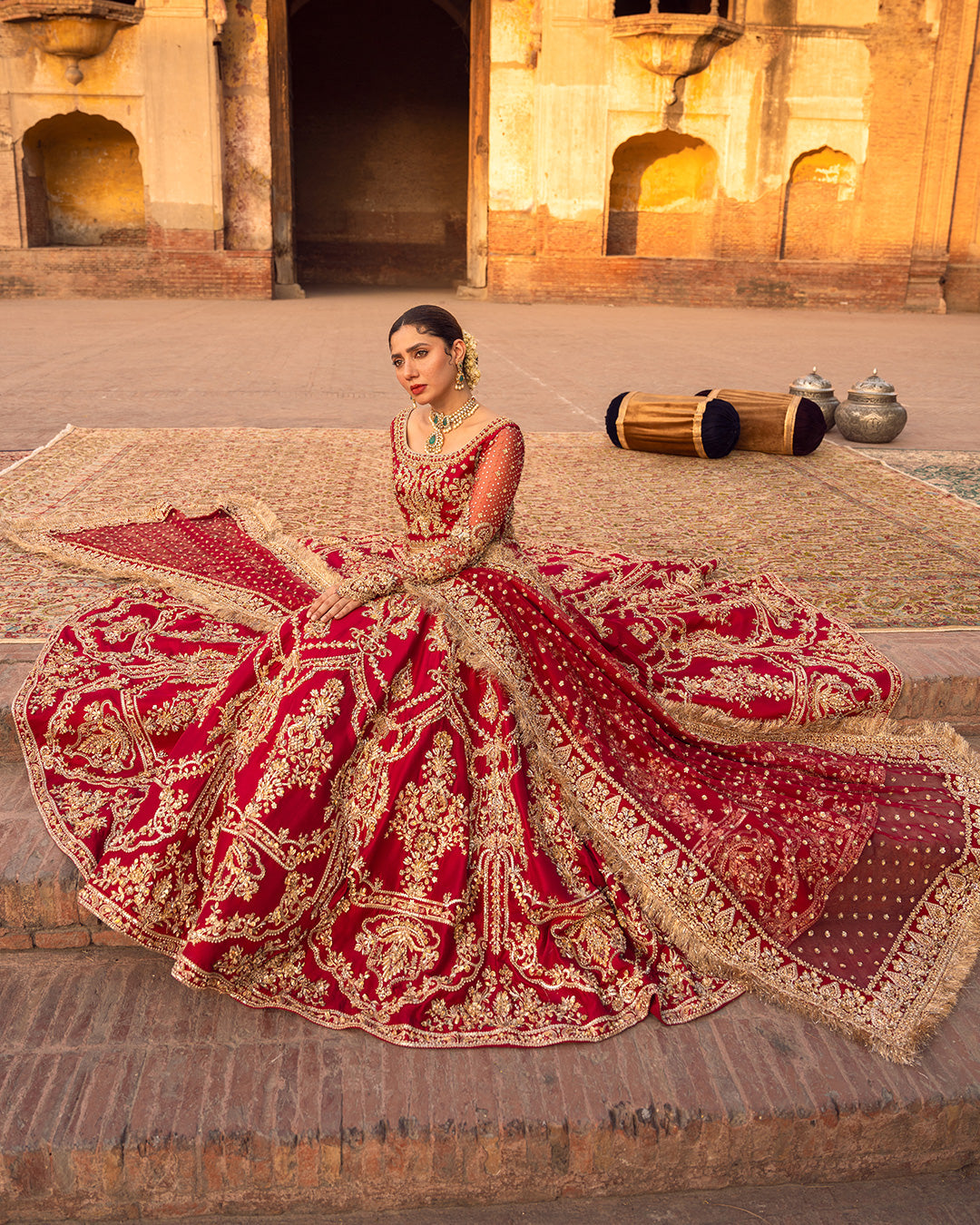 Red Hand-Embellished Raw Silk Bridal Lehenga (3-Piece) - Image 1