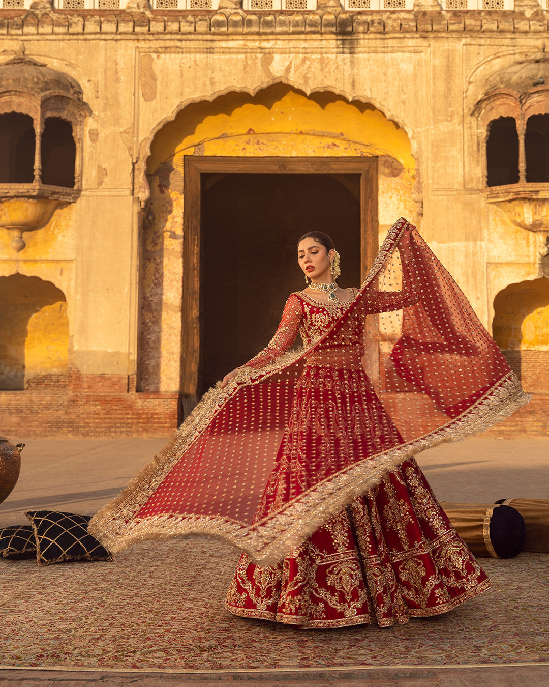 Red Hand-Embellished Raw Silk Bridal Lehenga (3-Piece) - Image 3
