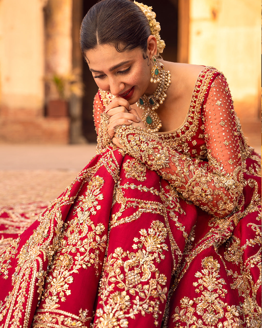 Red Hand-Embellished Raw Silk Bridal Lehenga (3-Piece) - Image 4