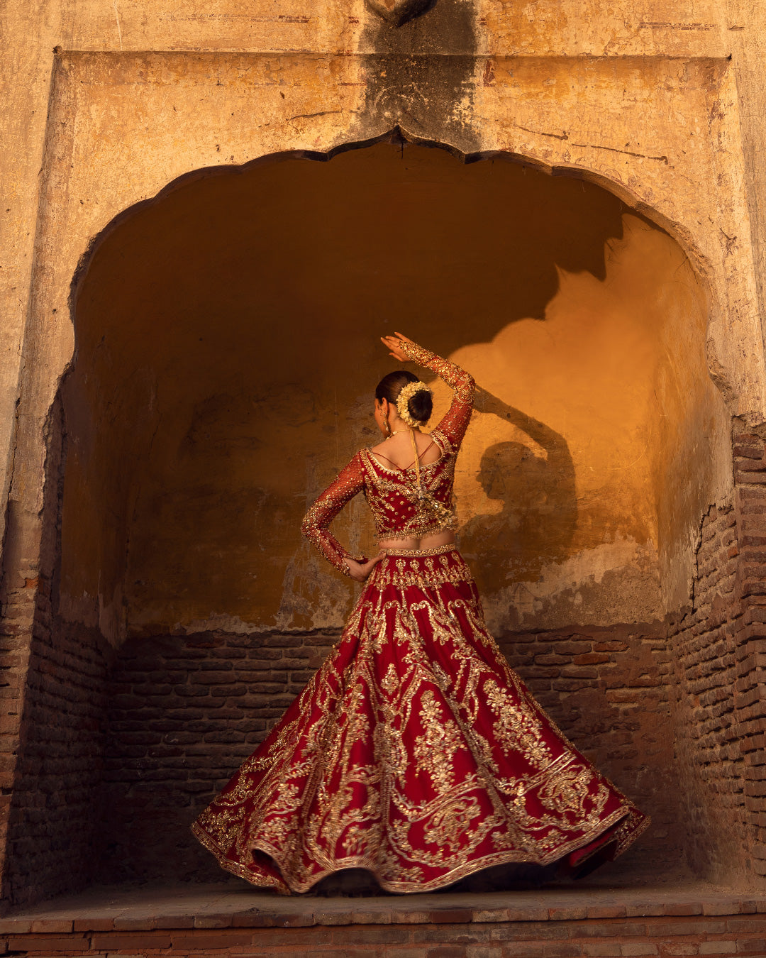 Red Hand-Embellished Raw Silk Bridal Lehenga (3-Piece) - Image 5