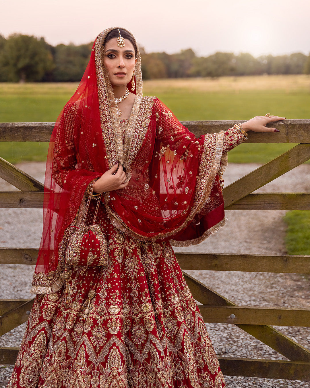 Pakistani Red Hand-Embellished Silk Bridal Lehenga (3-Piece) - Image 2