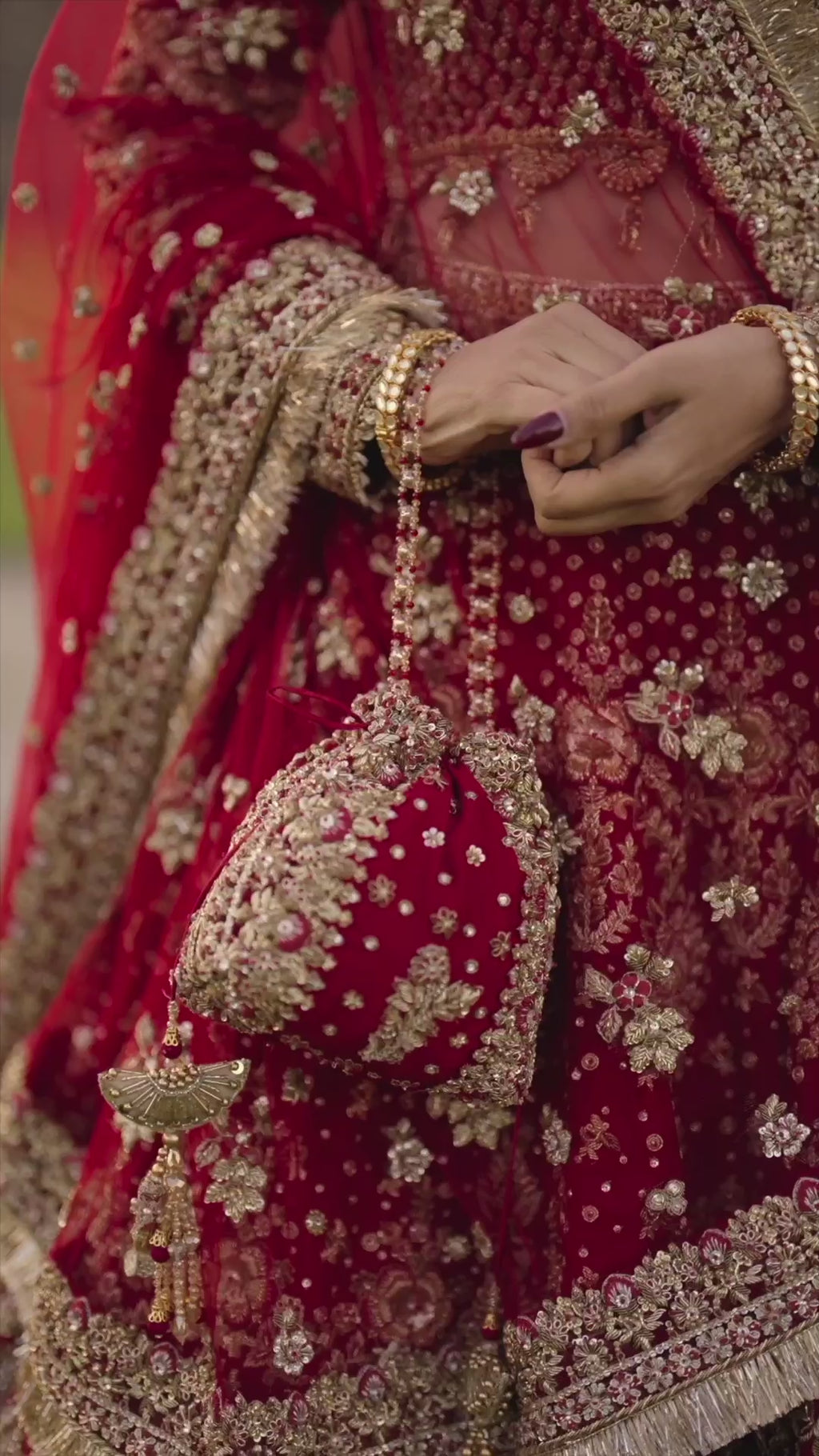 Pakistani Red Hand-Embellished Silk Bridal Lehenga (3-Piece) - Image 8