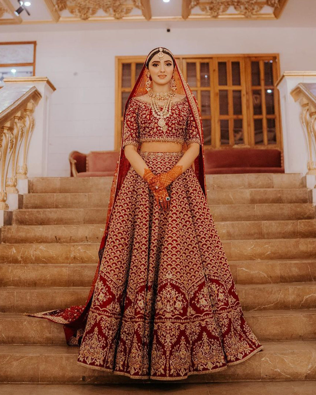 Pakistani Deep Red Zardozi Raw Silk Bridal Lehnga Choli (3-Piece) - Image 1