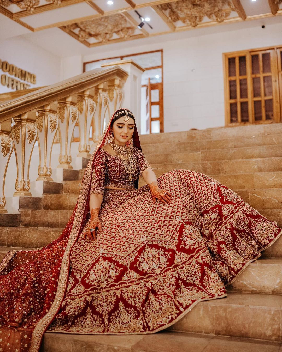 Pakistani Deep Red Zardozi Raw Silk Bridal Lehnga Choli (3-Piece) - Image 2