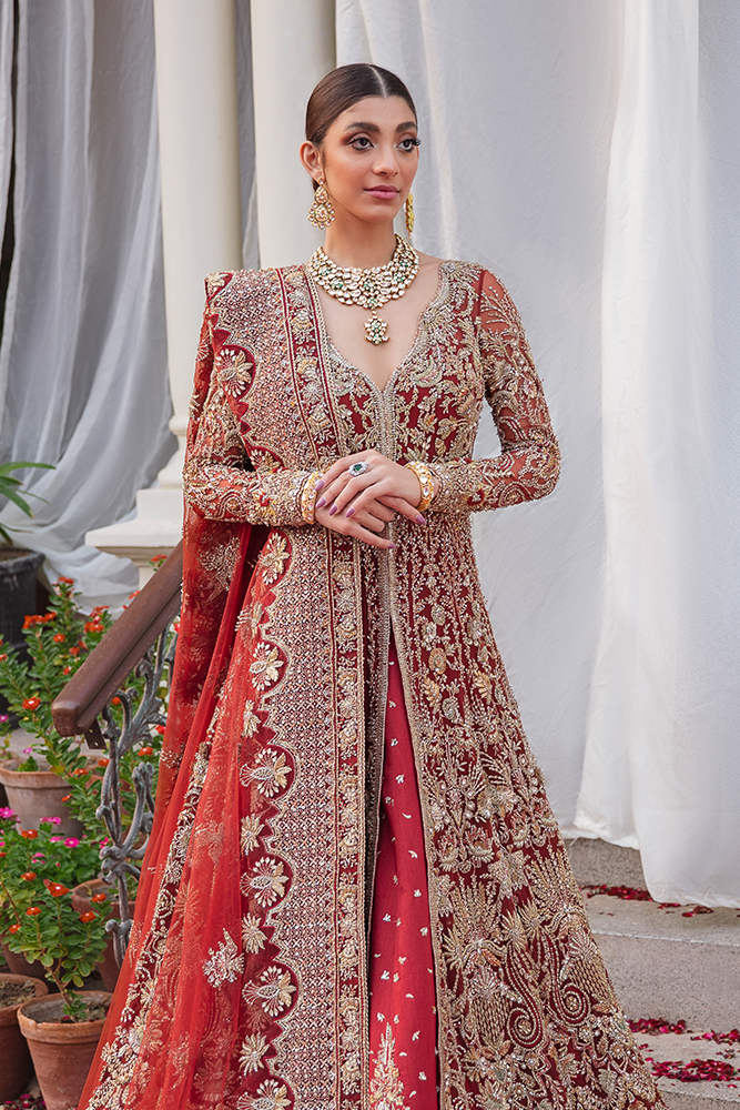 Pakistani Cherry Red Zardozi Net Kalidar Lehenga (3-Piece) - Image 2