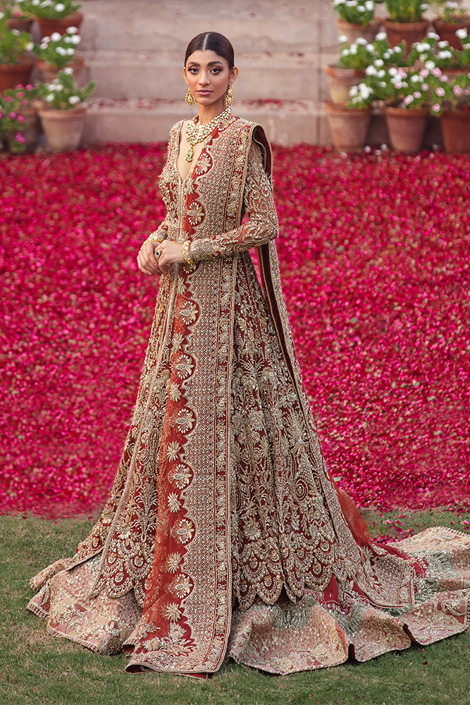 Pakistani Cherry Red Zardozi Net Kalidar Lehenga (3-Piece) - Image 3