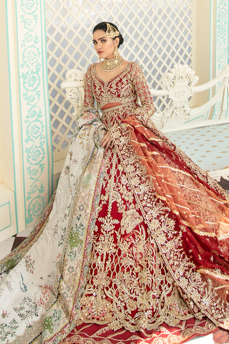 Pakistani Scarlet Red Zardozi Net Jacket Lehenga (3-Piece) - Image 10