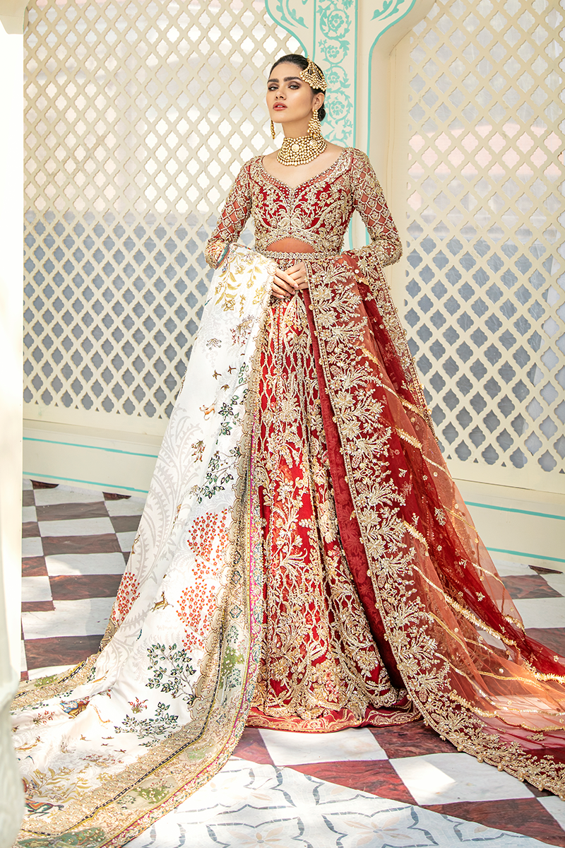 Pakistani Scarlet Red Zardozi Net Jacket Lehenga (3-Piece) - Image 11