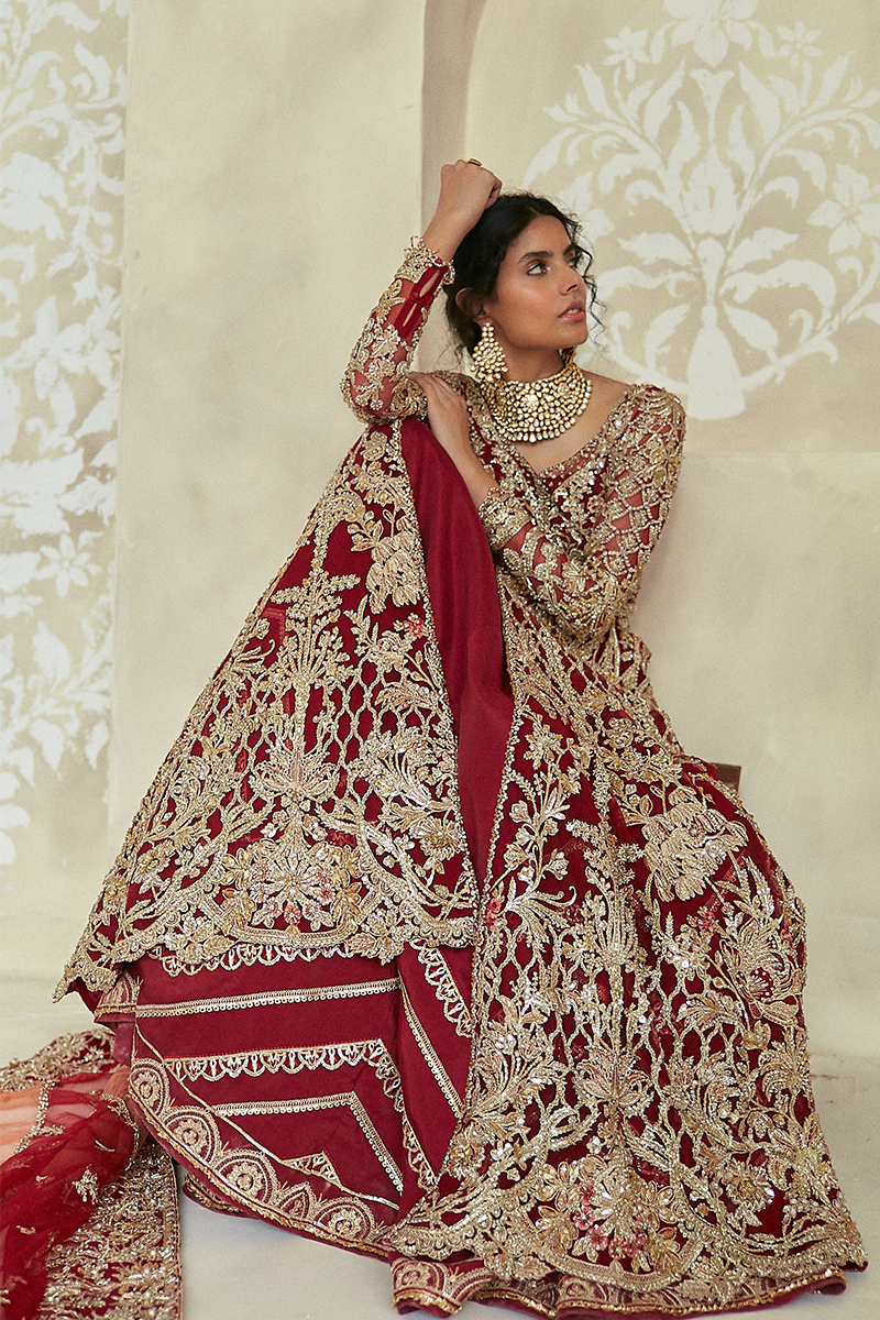Pakistani Scarlet Red Zardozi Net Jacket Lehenga (3-Piece) - Image 12