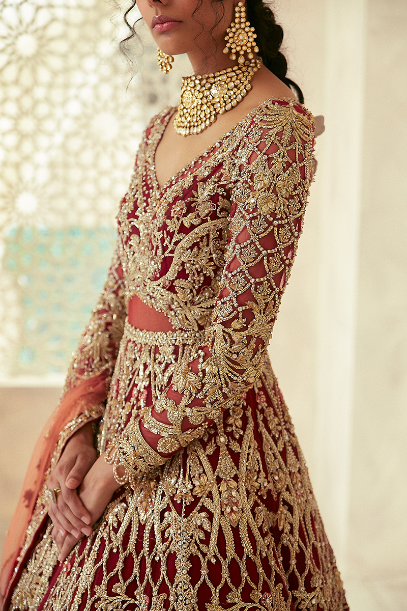 Pakistani Scarlet Red Zardozi Net Jacket Lehenga (3-Piece) - Image 13