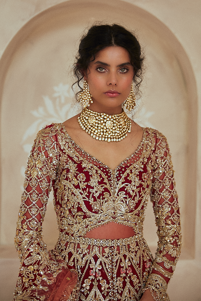 Pakistani Scarlet Red Zardozi Net Jacket Lehenga (3-Piece) - Image 14