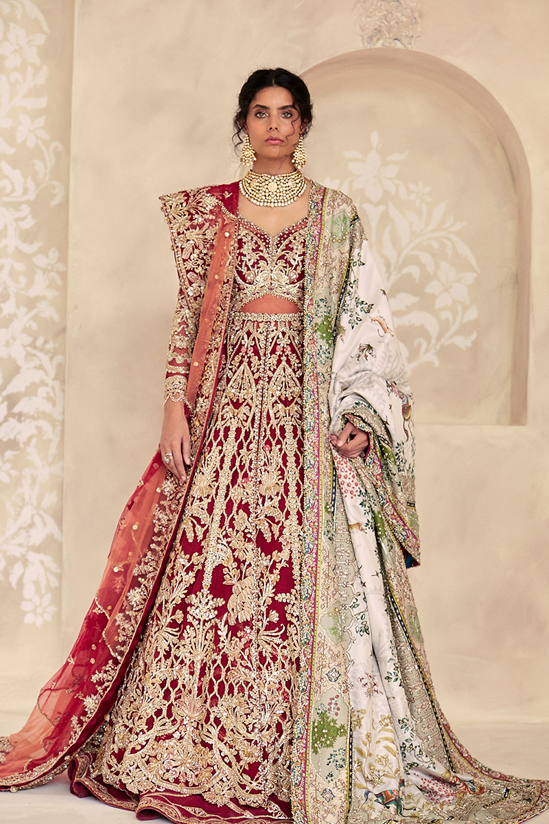 Pakistani Scarlet Red Zardozi Net Jacket Lehenga (3-Piece) - Image 2
