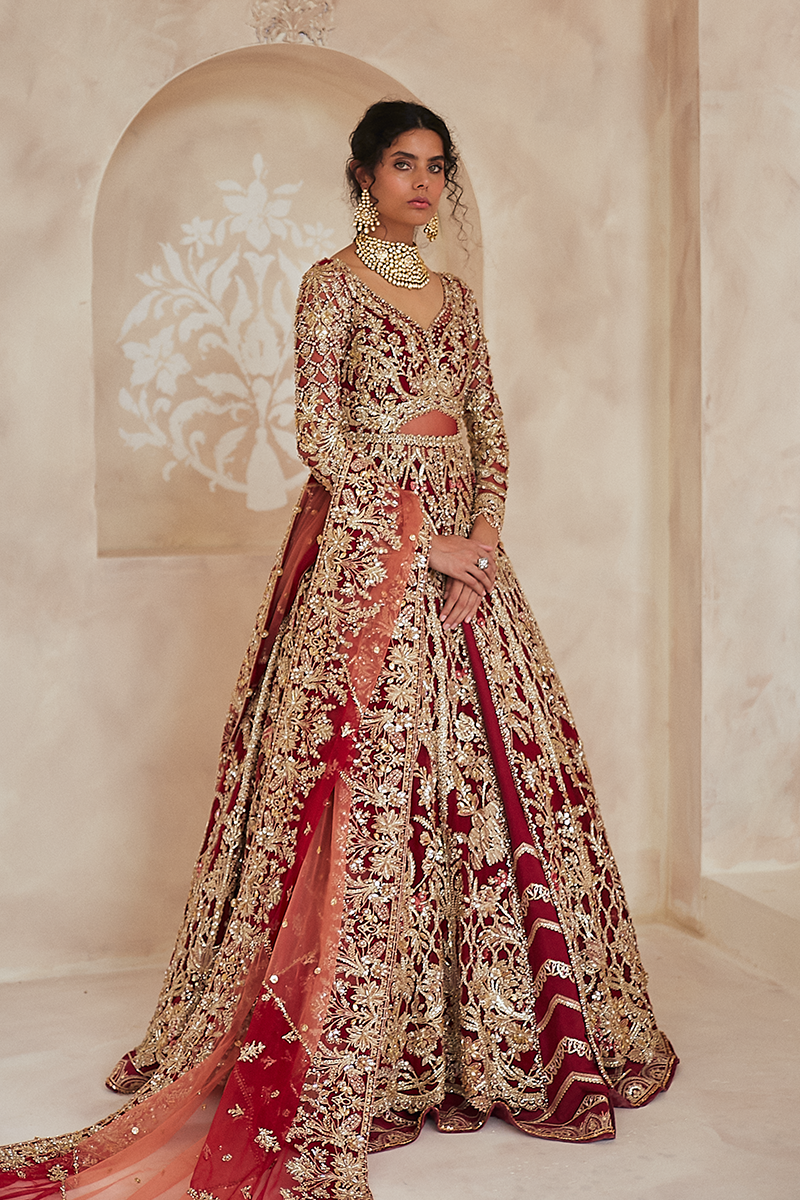 Pakistani Scarlet Red Zardozi Net Jacket Lehenga (3-Piece) - Image 4