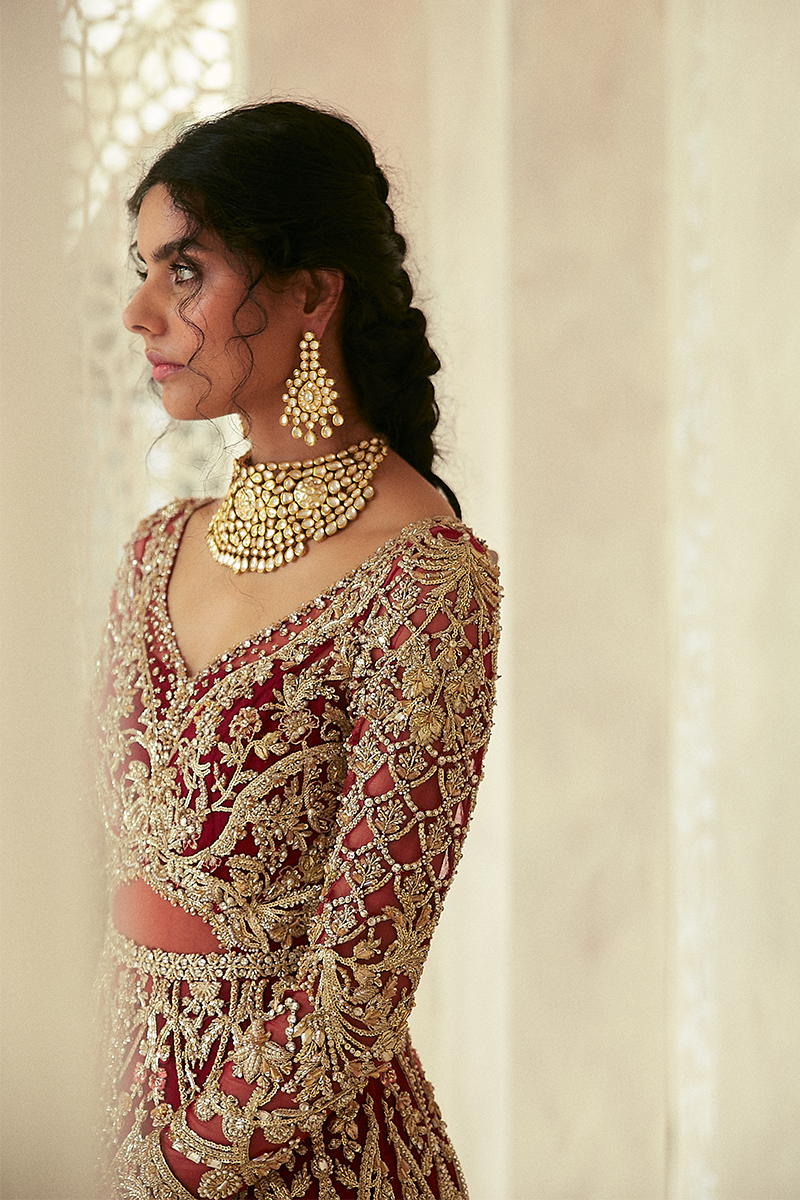 Pakistani Scarlet Red Zardozi Net Jacket Lehenga (3-Piece) - Image 5