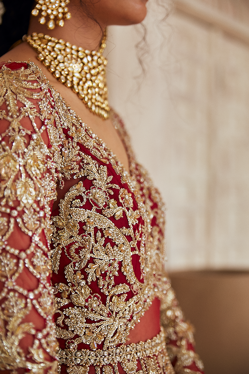 Pakistani Scarlet Red Zardozi Net Jacket Lehenga (3-Piece) - Image 6