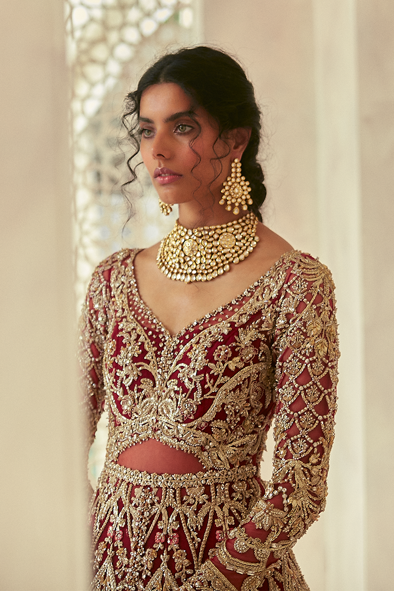 Pakistani Scarlet Red Zardozi Net Jacket Lehenga (3-Piece) - Image 7