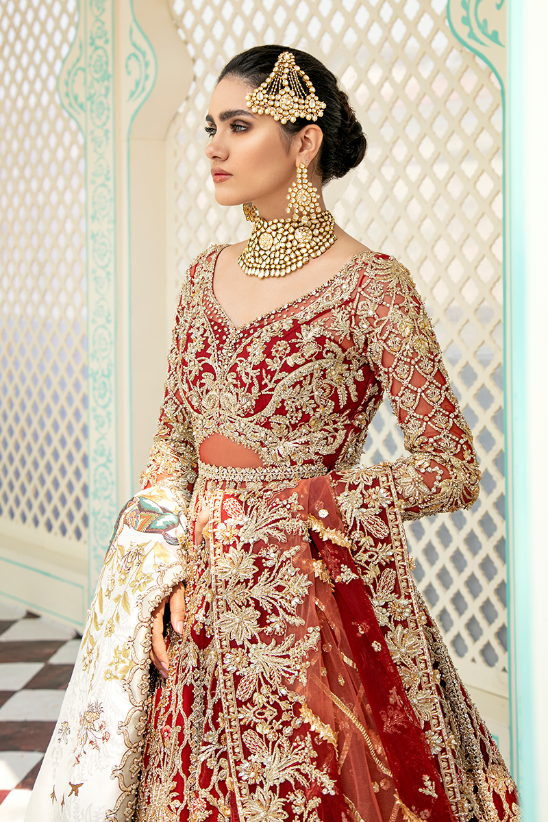 Pakistani Scarlet Red Zardozi Net Jacket Lehenga (3-Piece) - Image 9