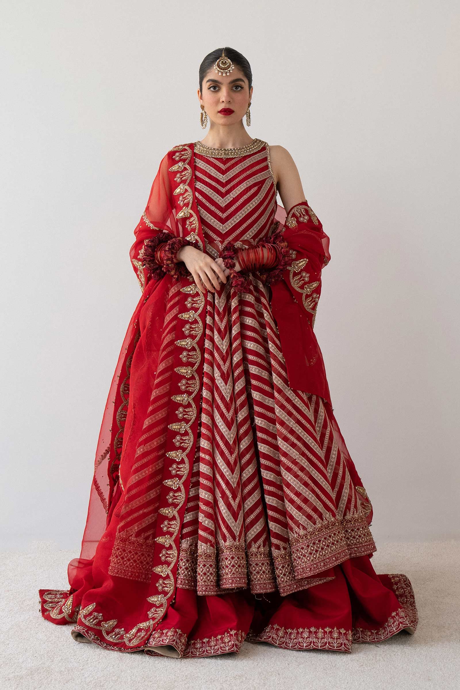 Pakistani Red Embroidered Organza Peshwas Dress (3-Piece) - Image 1