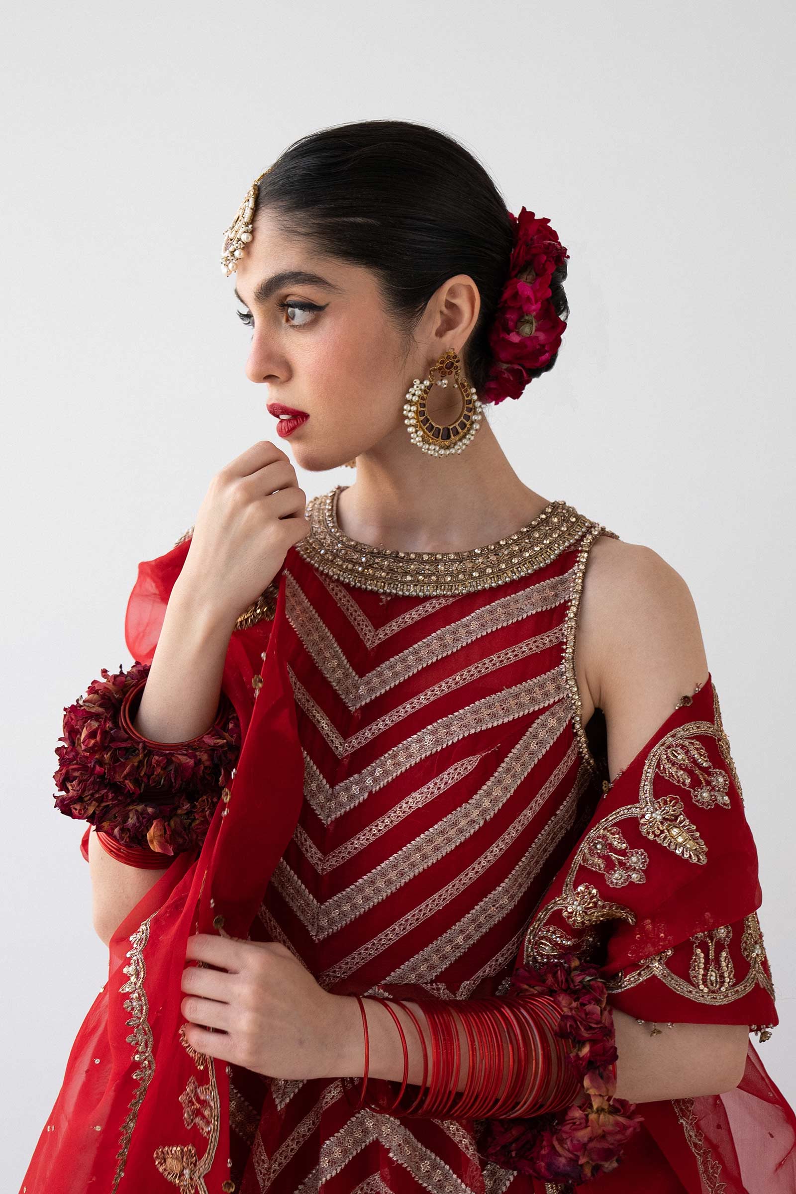 Pakistani Red Embroidered Organza Peshwas Dress (3-Piece) - Image 2