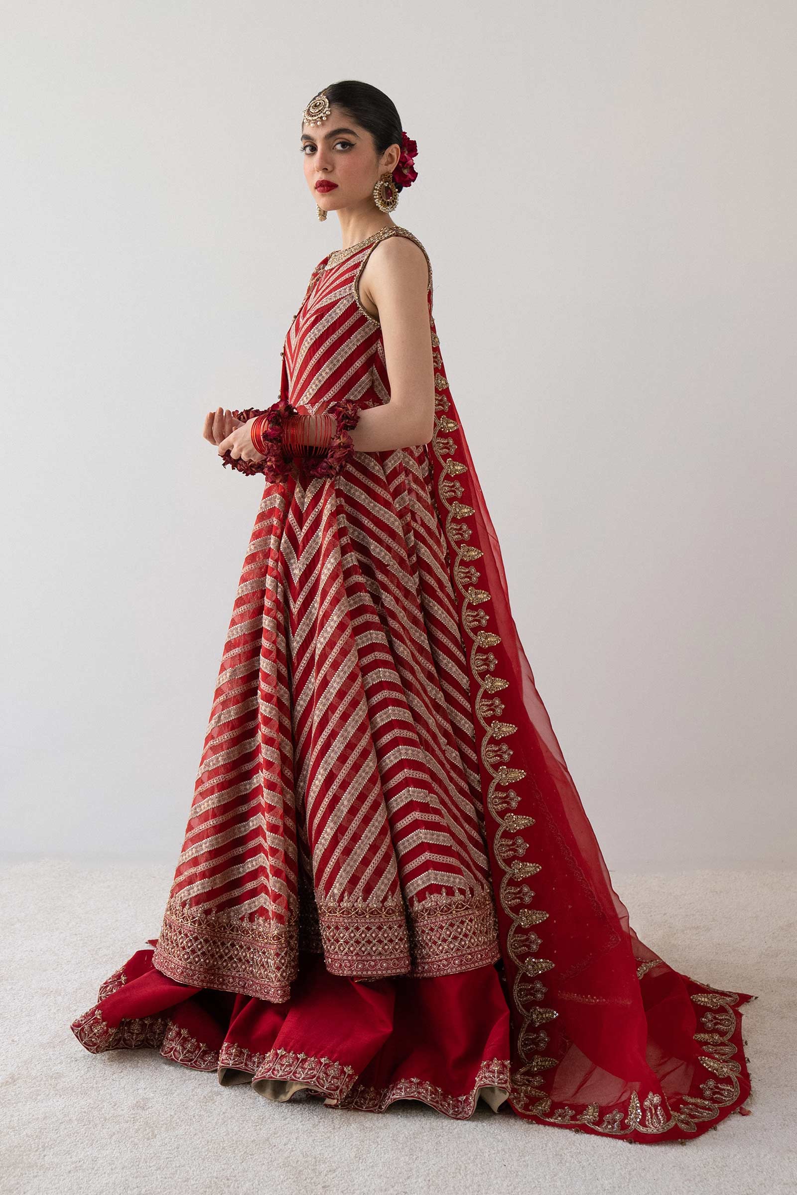 Pakistani Red Embroidered Organza Peshwas Dress (3-Piece) - Image 3