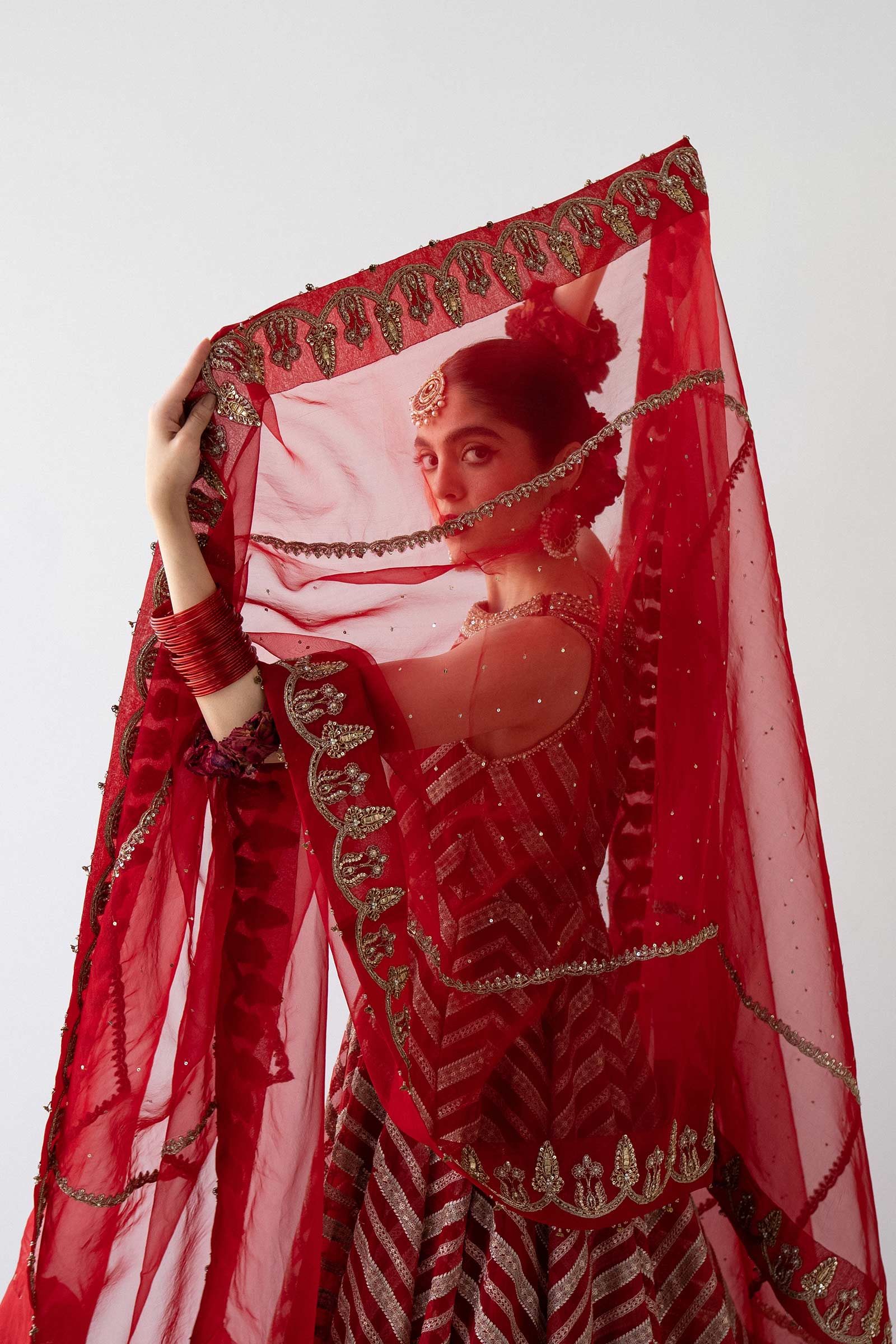 Pakistani Red Embroidered Organza Peshwas Dress (3-Piece) - Image 4