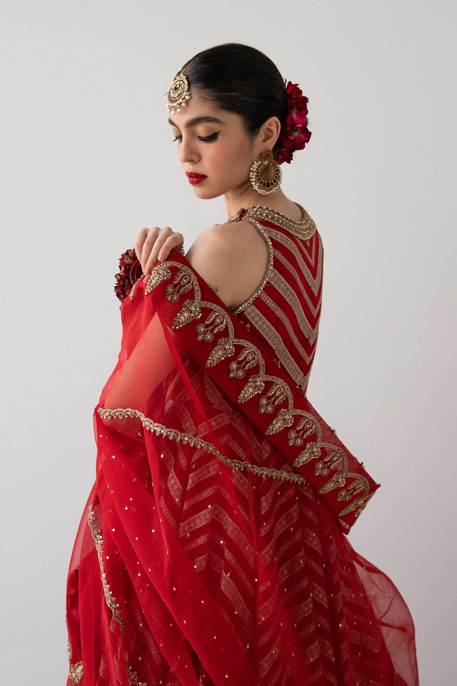 Pakistani Red Embroidered Organza Peshwas Dress (3-Piece) - Image 5