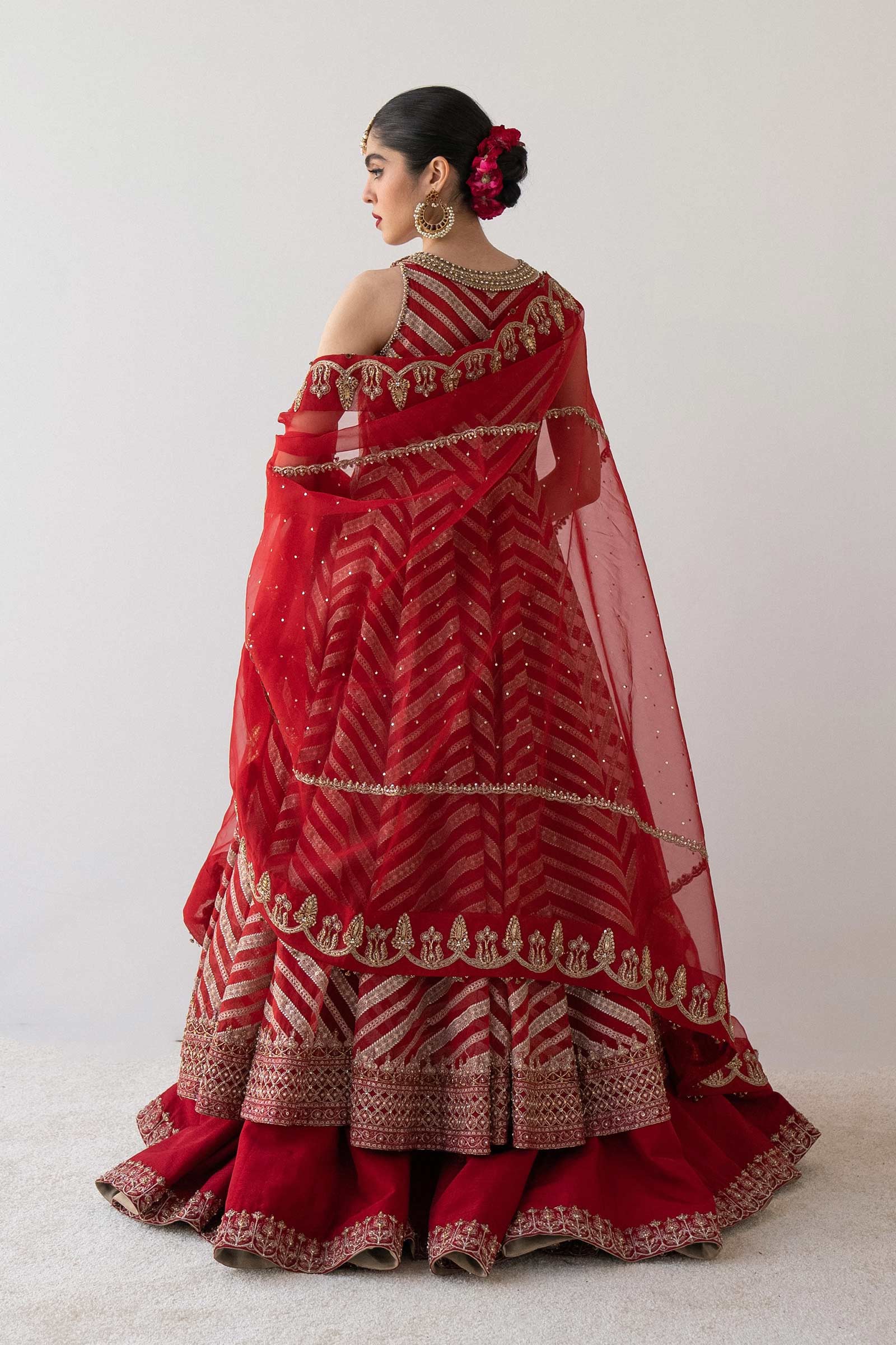 Pakistani Red Embroidered Organza Peshwas Dress (3-Piece) - Image 7