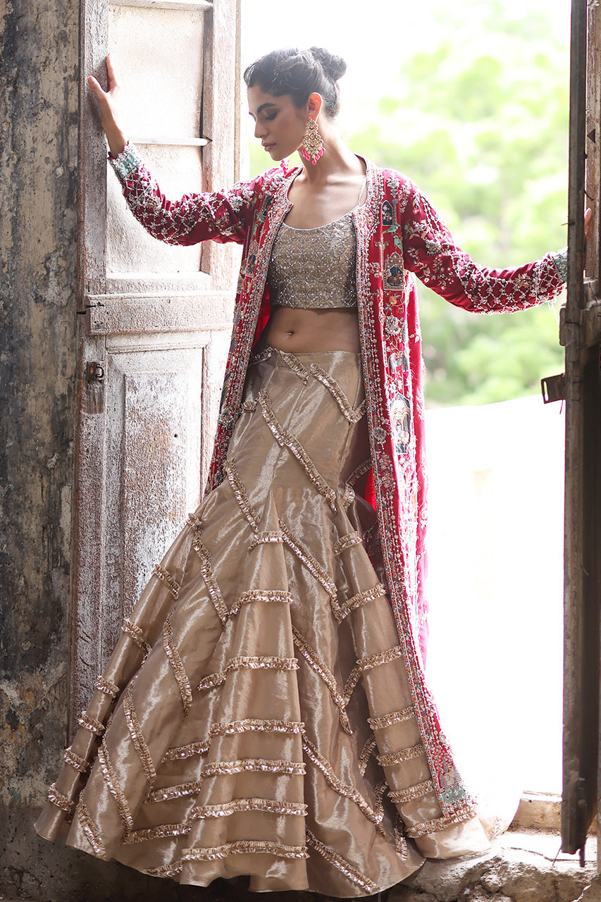 Pakistani Red Zardozi Raw Silk & Tissue Silk Lehenga (3-Piece) - Image 2