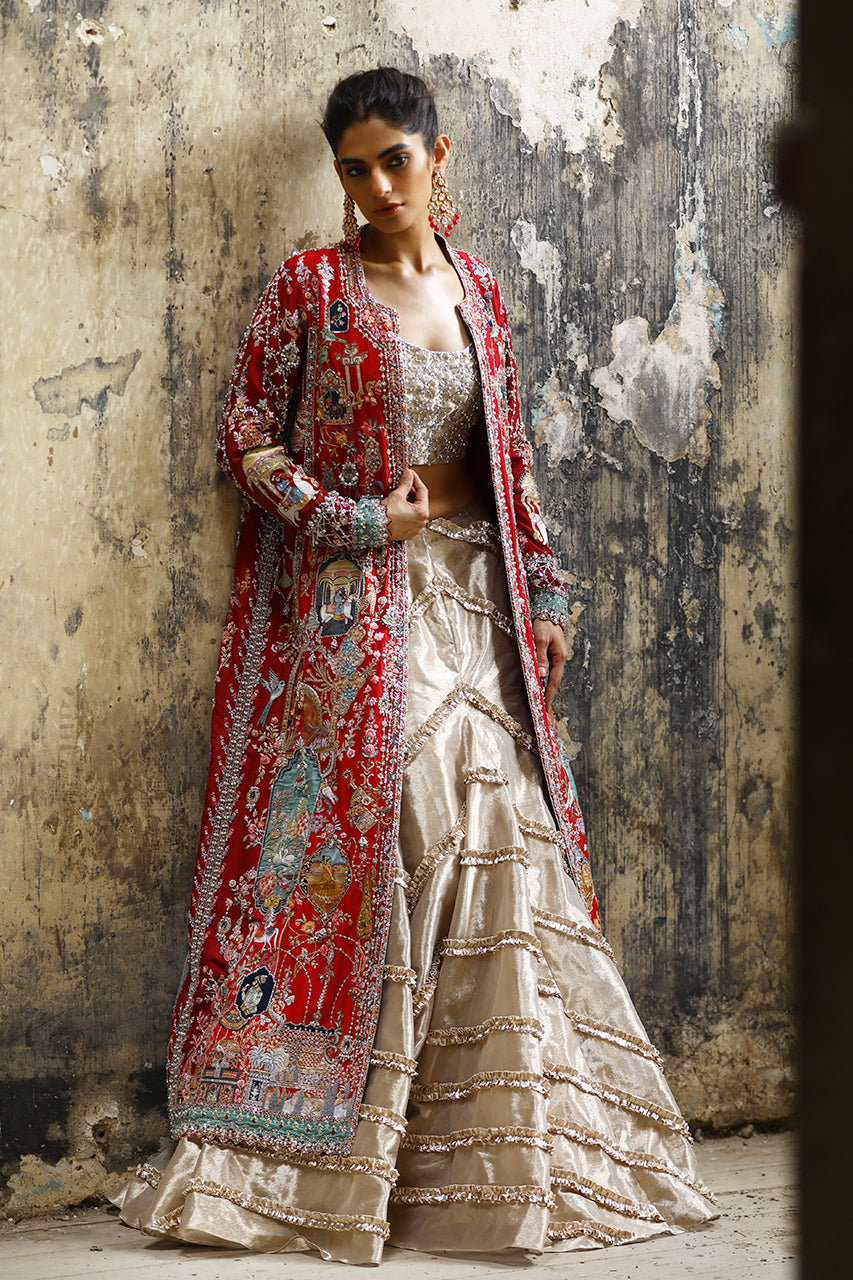 Pakistani Red Zardozi Raw Silk & Tissue Silk Lehenga (3-Piece) - Image 3
