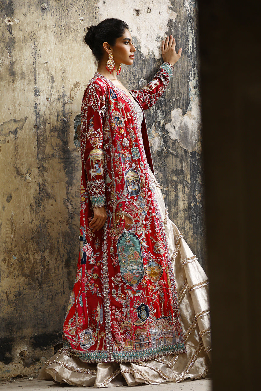 Pakistani Red Zardozi Raw Silk & Tissue Silk Lehenga (3-Piece) - Image 4