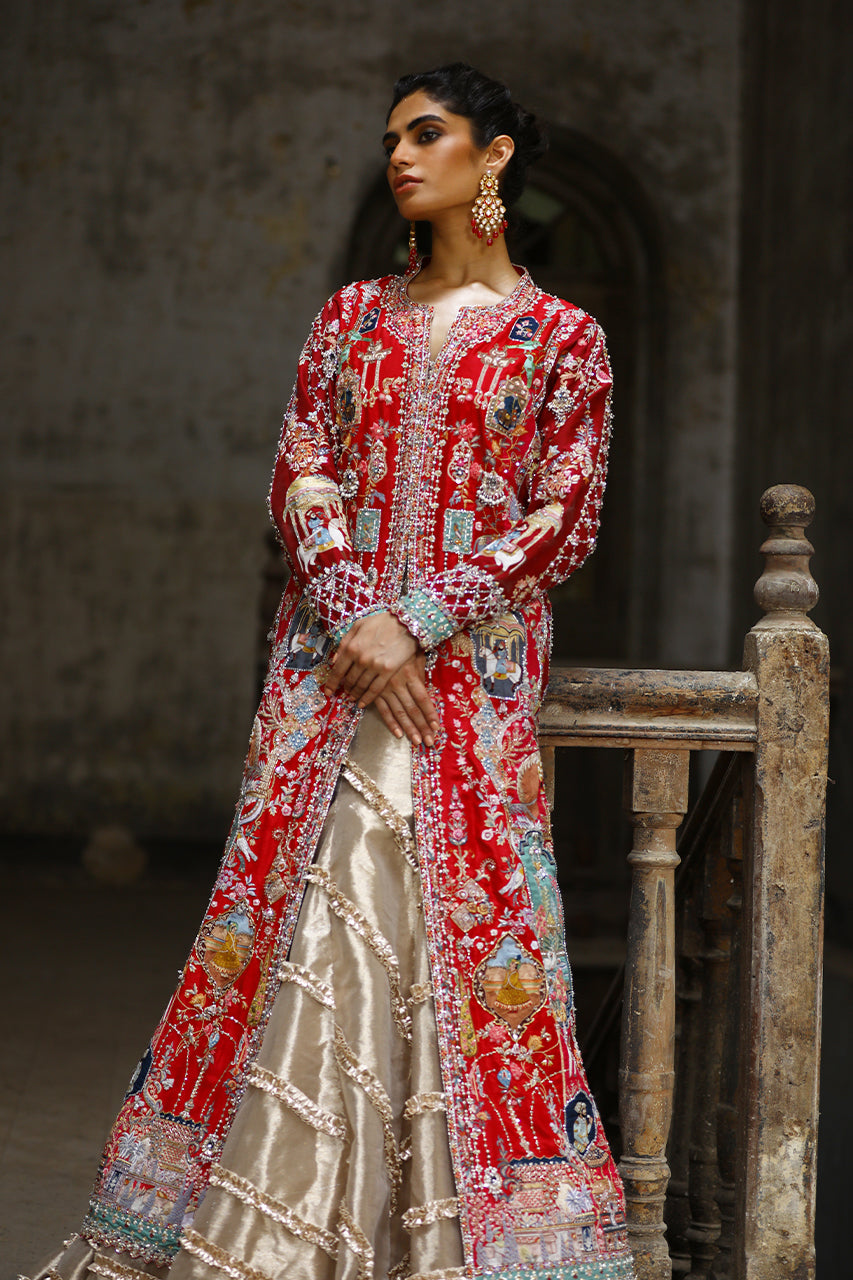 Pakistani Red Zardozi Raw Silk & Tissue Silk Lehenga (3-Piece) - Image 5