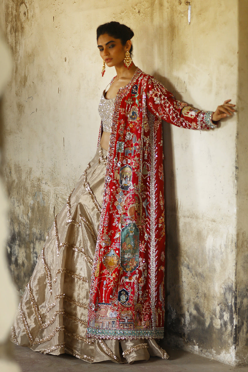 Pakistani Red Zardozi Raw Silk & Tissue Silk Lehenga (3-Piece) - Image 6