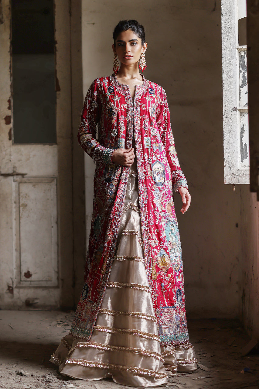 Pakistani Red Zardozi Raw Silk & Tissue Silk Lehenga (3-Piece) - Image 7