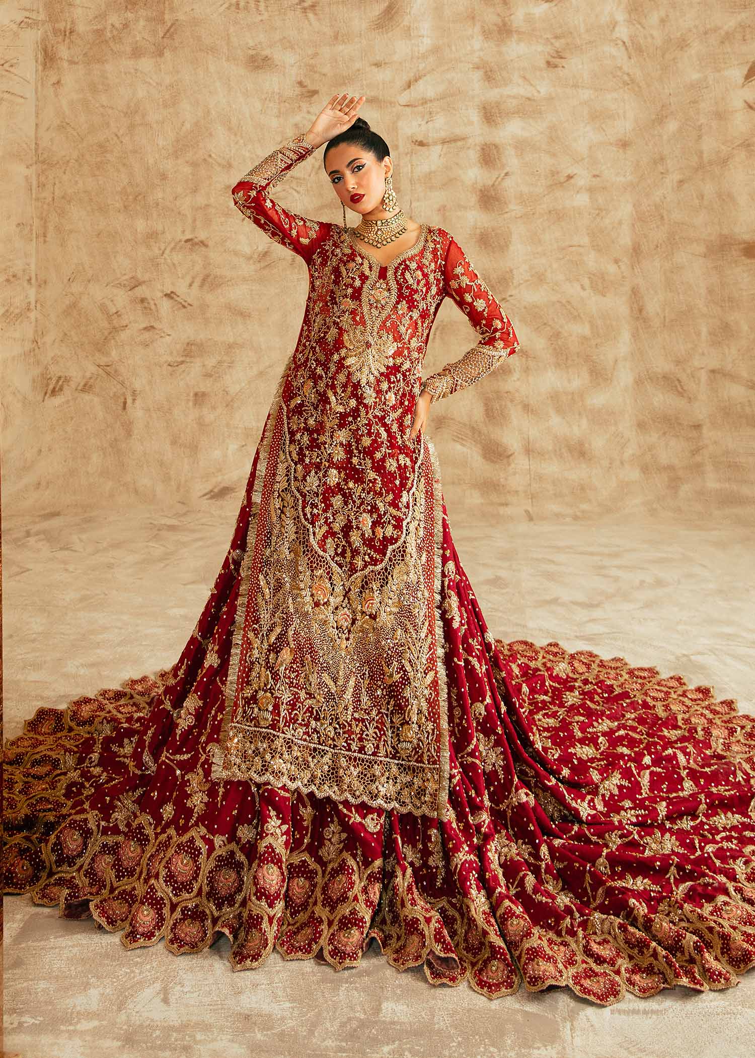 Pakistani Red Zardozi Net & Raw Silk Bridal Lehenga (3-Piece) - Image 1