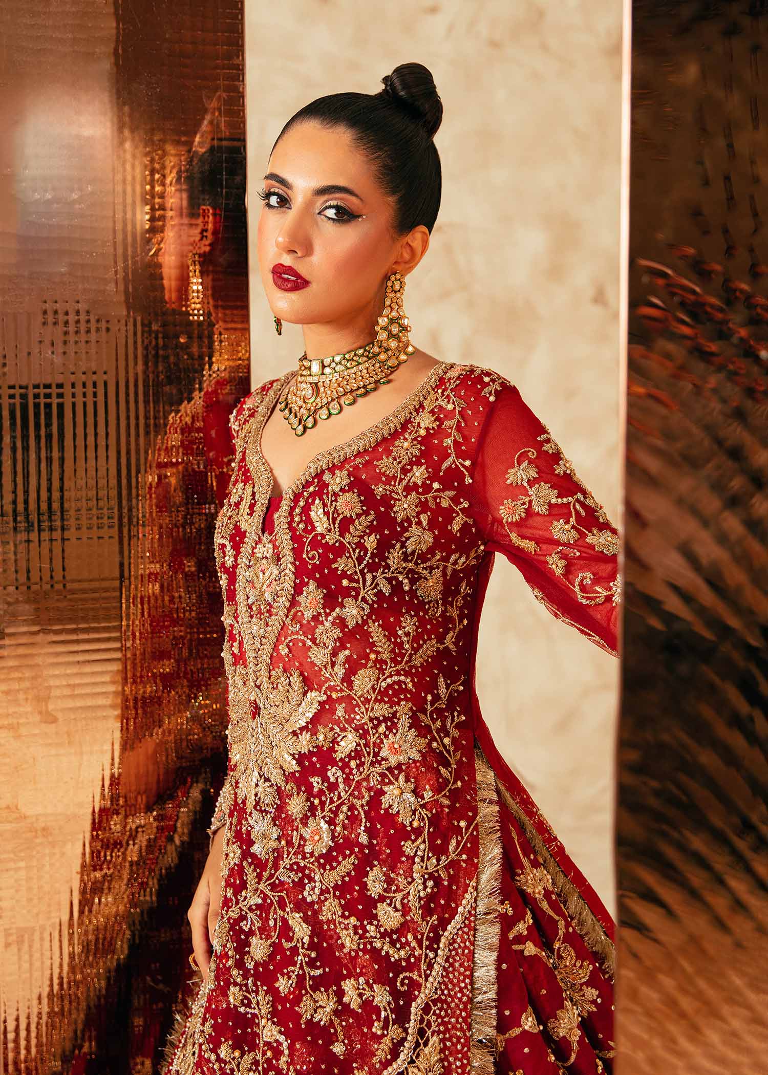 Pakistani Red Zardozi Net & Raw Silk Bridal Lehenga (3-Piece) - Image 2