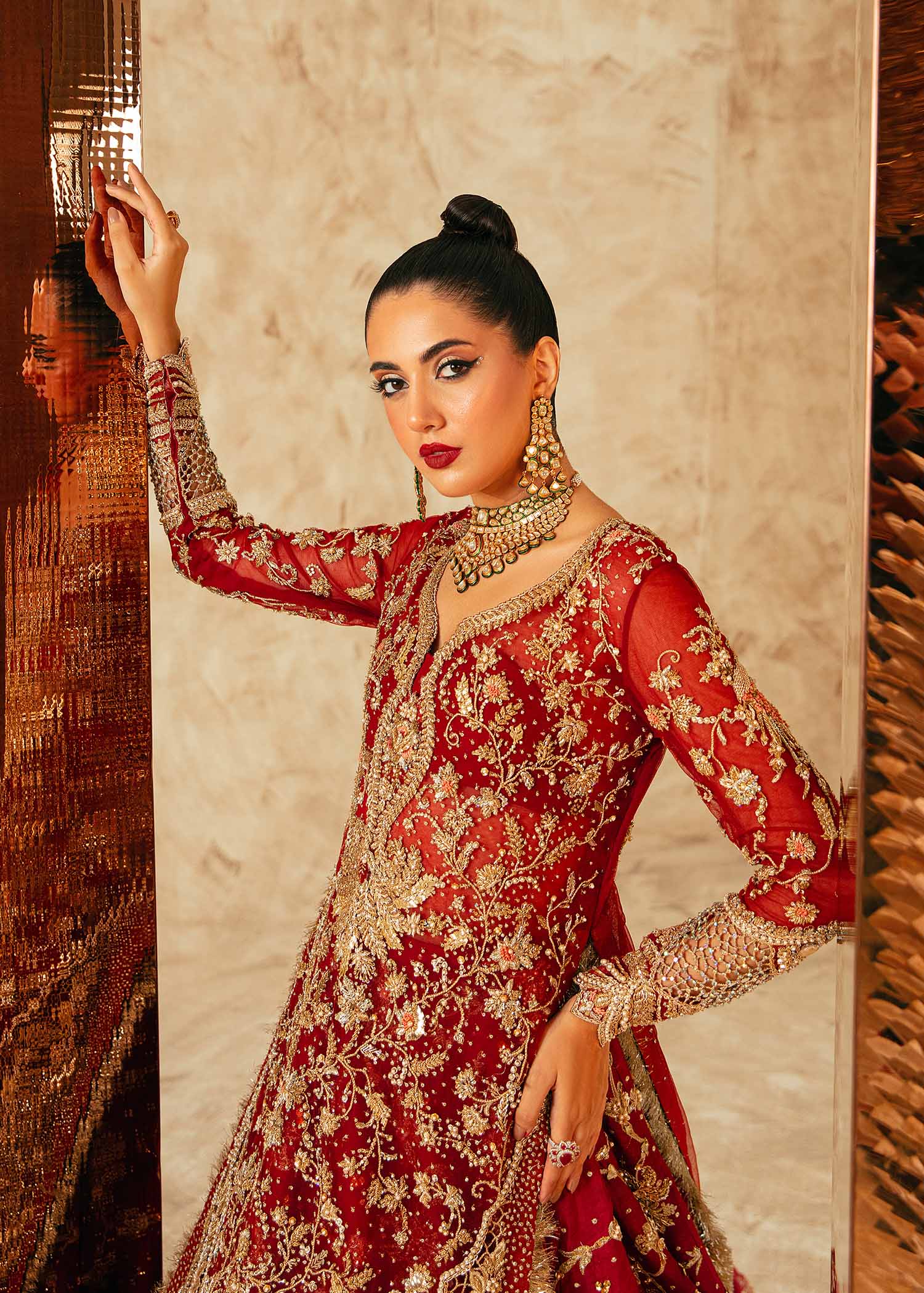 Pakistani Red Zardozi Net & Raw Silk Bridal Lehenga (3-Piece) - Image 3