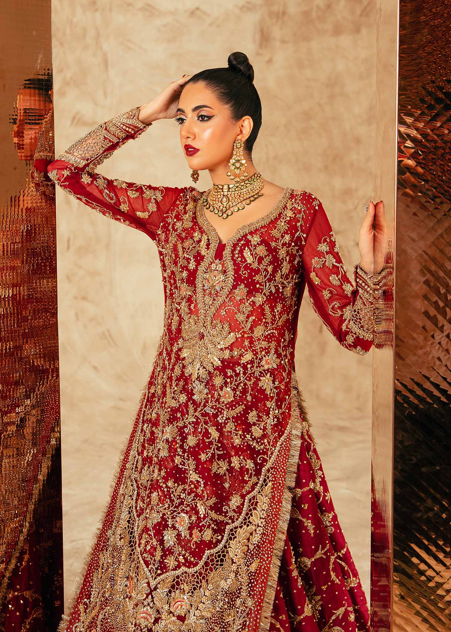 Pakistani Red Zardozi Net & Raw Silk Bridal Lehenga (3-Piece) - Image 4