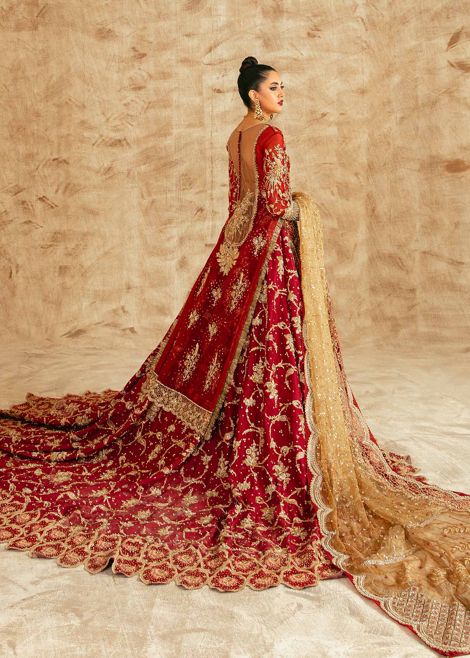 Pakistani Red Zardozi Net & Raw Silk Bridal Lehenga (3-Piece) - Image 5