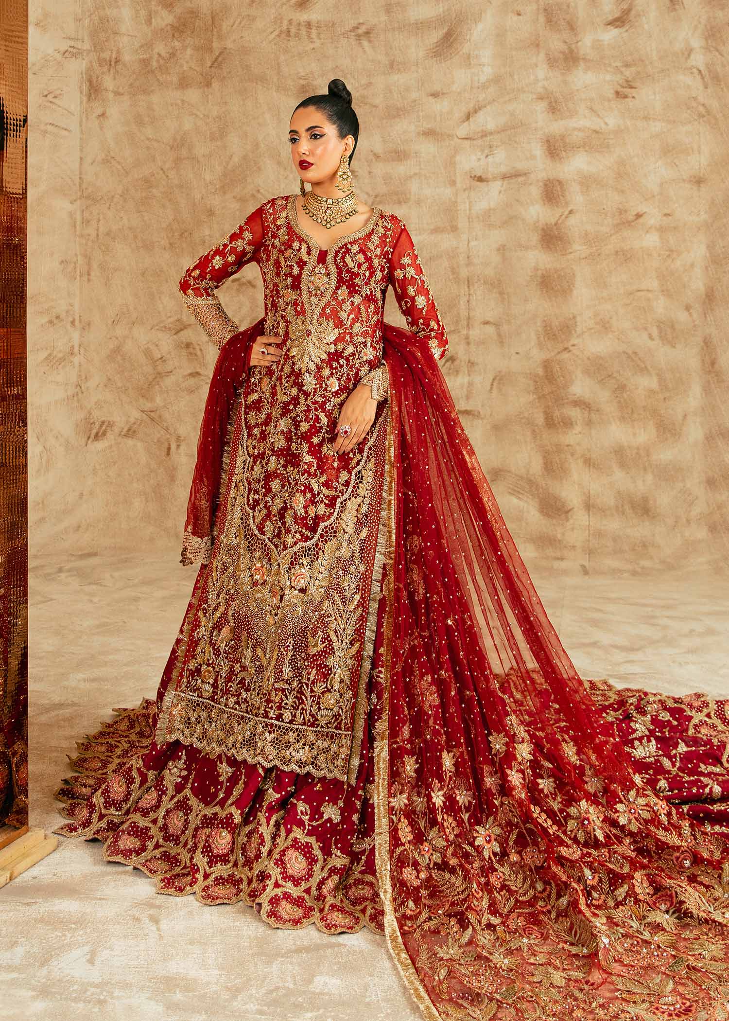 Pakistani Red Zardozi Net & Raw Silk Bridal Lehenga (3-Piece) - Image 6