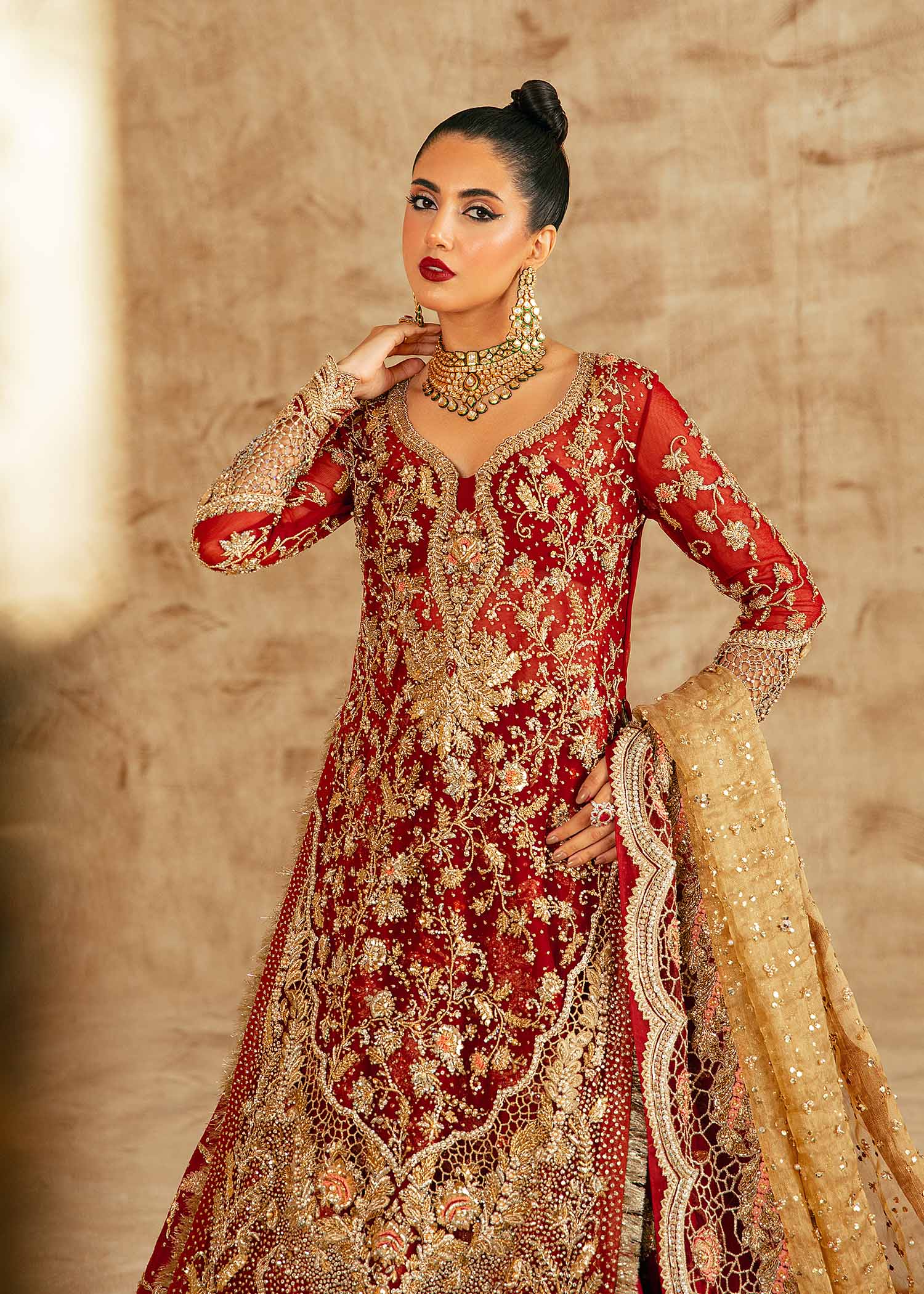 Pakistani Red Zardozi Net & Raw Silk Bridal Lehenga (3-Piece) - Image 7