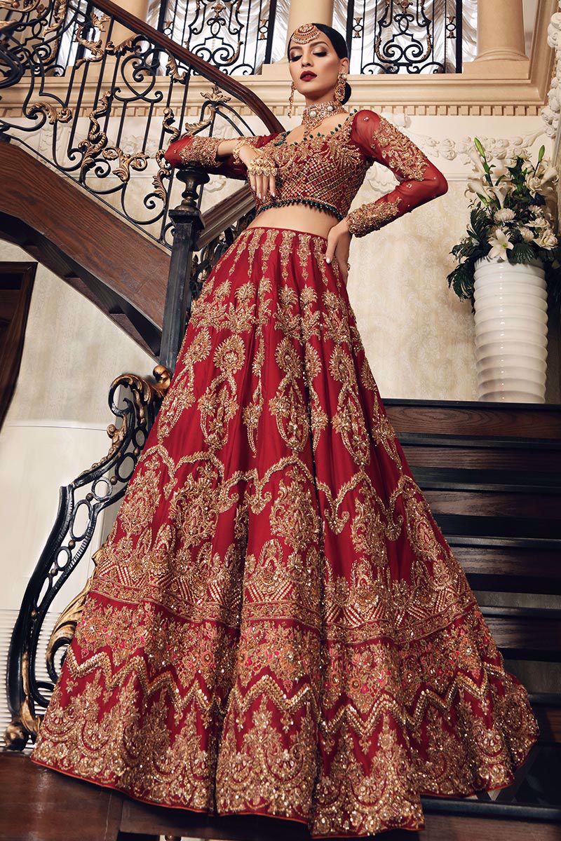 Red Zardozi Embroidered Raw Silk Lehenga (3-Piece) - Image 1