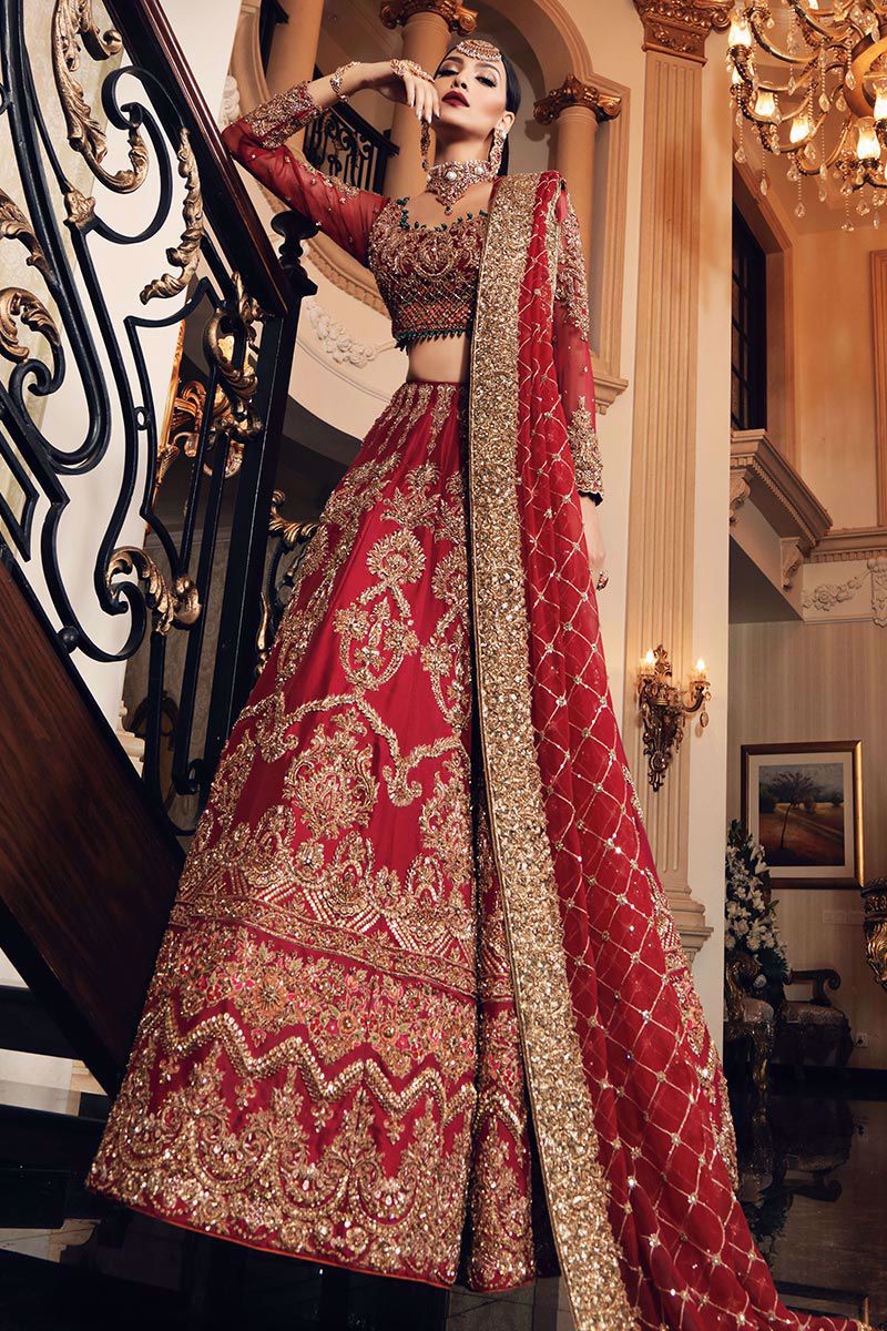 Red Zardozi Embroidered Raw Silk Lehenga (3-Piece) - Image 2