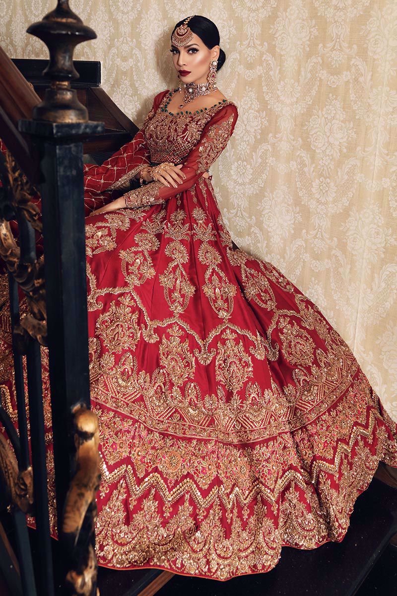 Red Zardozi Embroidered Raw Silk Lehenga (3-Piece) - Image 3